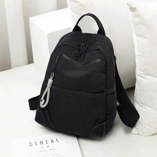 老人头 简约时尚纯色通勤休闲百搭背包大容量高中生大学生 织物 双肩包 男女同款情侣款 黑色/卡其色