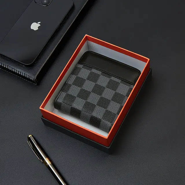 老人头 时尚潮流简约风格商务短款通勤棋盘格设计票夹钱夹 合成革 钱包 男款 黑色