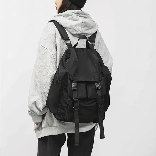 老人头 机能工装时尚百搭大容量 织物 双肩包 男女同款情侣款 黑色