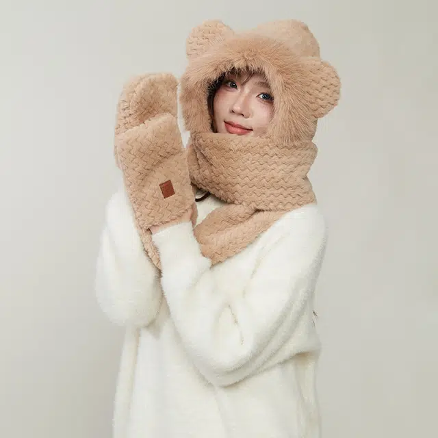 匹克 保暖小熊护耳帽围脖手套三件套 聚酯纤维 绒线帽 男女同款情侣款
