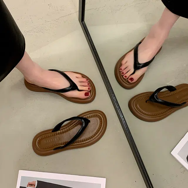 美洲爵士 拼色气质百搭舒适潮流日常休闲 皮革拼接人字拖鞋 女