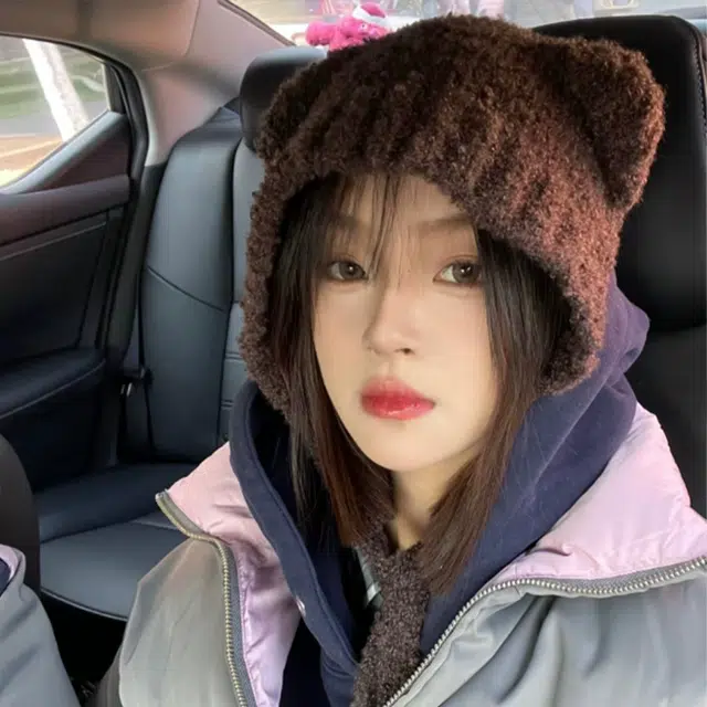 千桐 护耳带绳萌系冬日出街 小熊粗线 棉 涤纶 绒线帽 女款