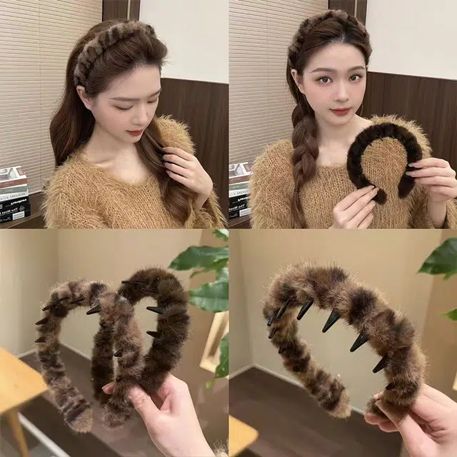 千桐 高颅顶 正反两戴 必备气质绒毛发饰  齿梳飘带外戴发卡头饰 洗脸出门 毛绒 发箍 女款