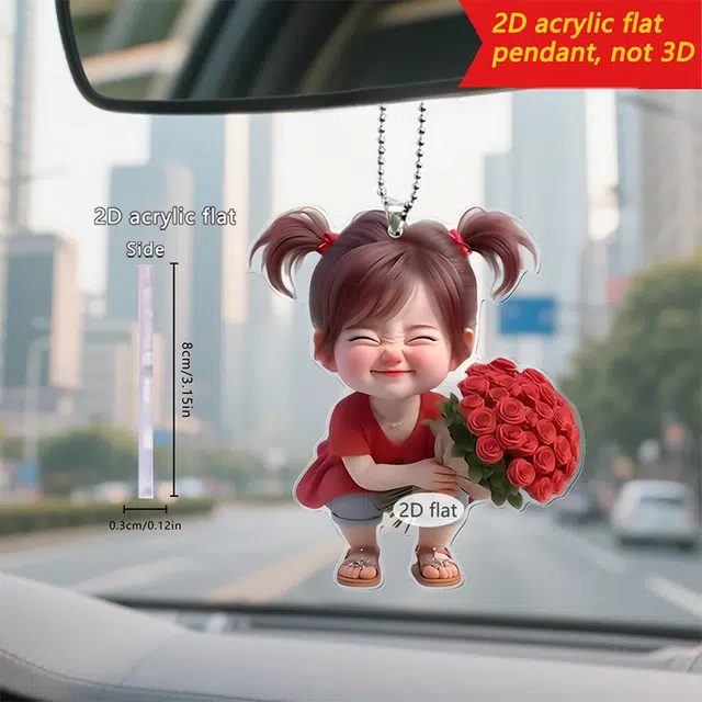 【笑眼弯弯，干净温暖】 千桐 治愈爱笑女孩可爱手捧玫瑰时尚汽车内饰潮流装饰挂饰 亚克力 挂件 男女同款情侣款