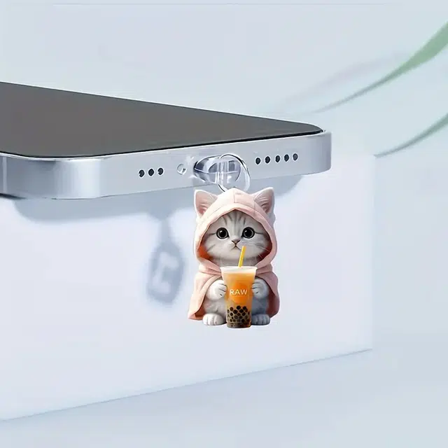 千桐 粉衣小猫 创意手机防尘塞 小书包可爱时尚潮流装饰 亚克力 挂件 男女同款情侣款