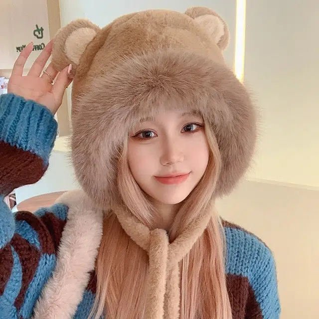千桐 秋冬保暖护耳毛绒小熊帽 绑带 加厚保暖可爱显脸小 软糯少女心 骑车防风 聚酯纤维 绒线帽 女款