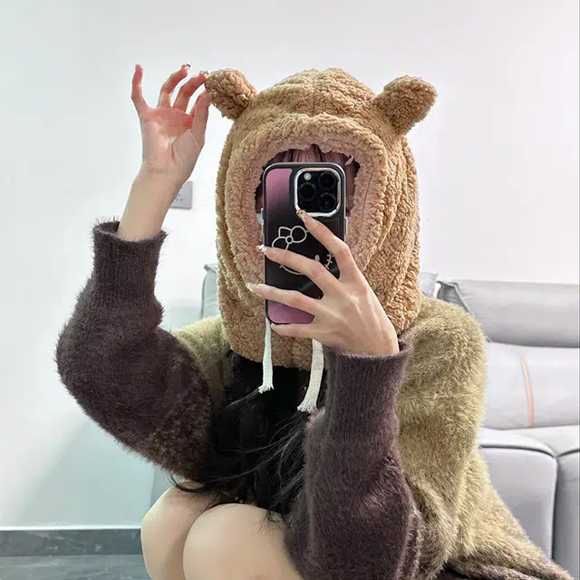 千桐 套头小熊 冬季保暖上班通勤帽 棉 绒线帽 女款