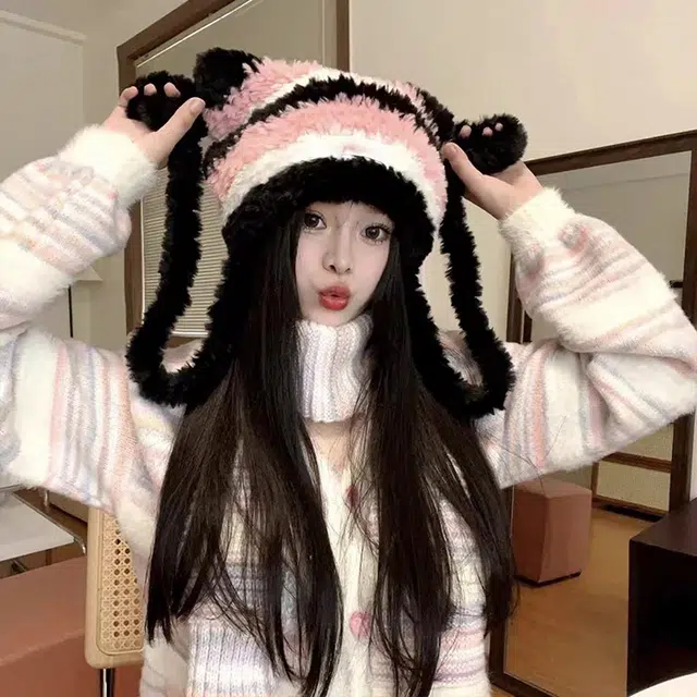千桐 可爱甜酷感冬日出行 条纹猫耳长绳毛球 棉 绒线帽 女款