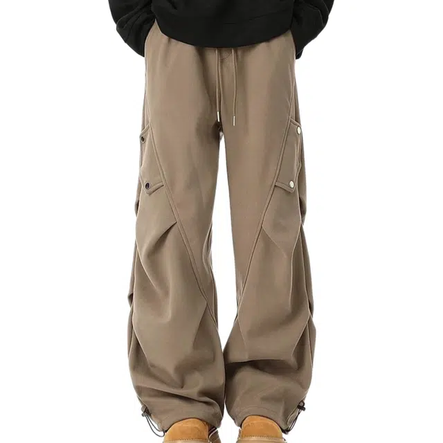 轻迎 美式加厚褶皱宽松潮流阔腿百搭休闲长裤工装裤 男款