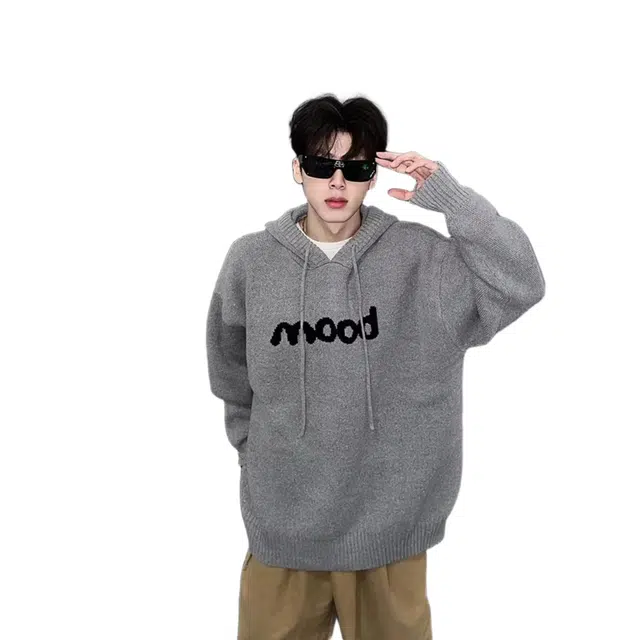 轻迎 国潮字母连帽毛衣潮流街头宽松休闲百搭灰色针织衫上衣卫衣 男款