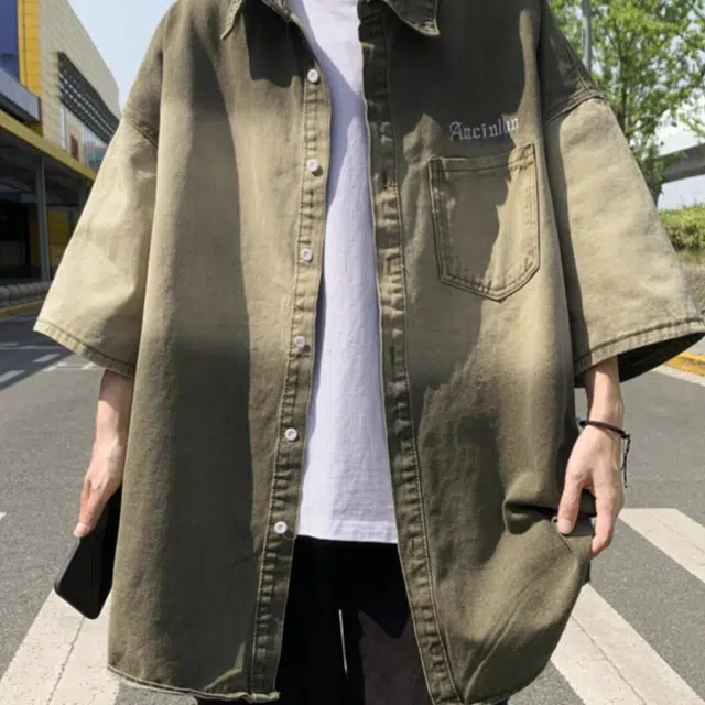 轻迎 夏季短袖衬衫男美式高街痞帅宽松潮牌复古水洗渐变色衬衣牛仔外套 男款