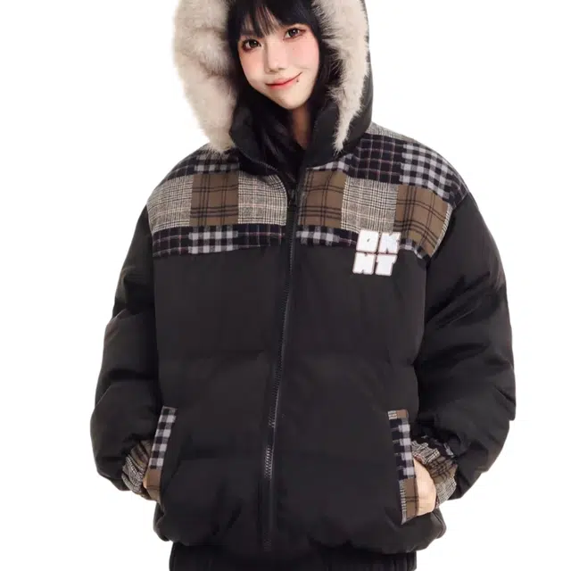 轻迎 美式复古连帽可拆卸拼接情侣毛领撞色外套棉服 男女同款