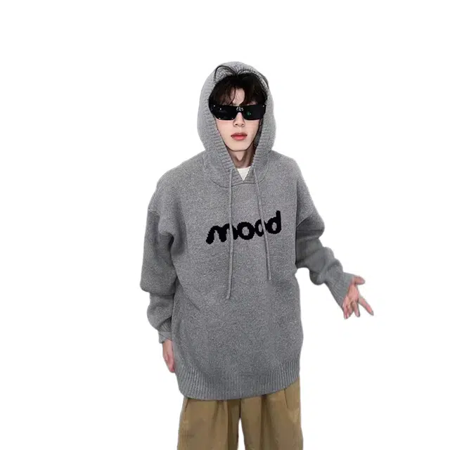轻迎 国潮字母连帽毛衣潮流街头宽松休闲百搭灰色针织衫上衣卫衣 男款
