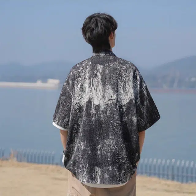 轻迎 迈特优冰丝短袖花男夏季薄款宽松休闲痞帅高级感衬衣外套衬衫 男款