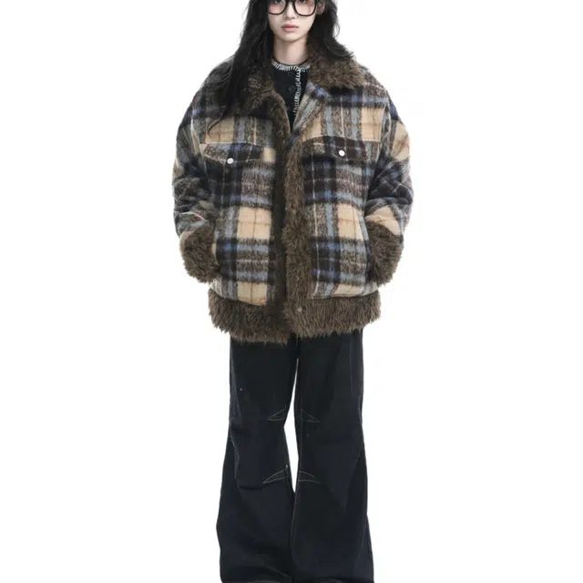 轻迎 美式复古格子毛领棉衣棉袄外套加厚羊羔绒棉服 男款