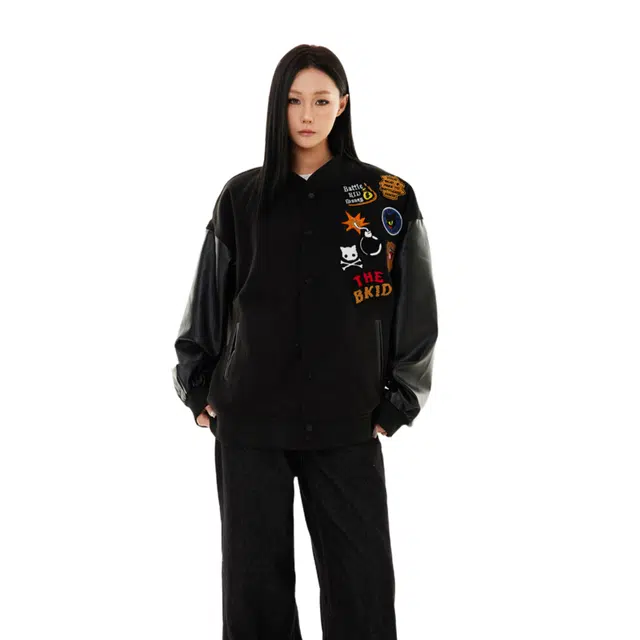 轻迎 美式棒球服皮袖刺绣涂鸦夹克 男款