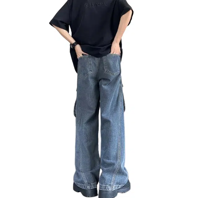 轻迎 美式高街复古多口袋中性工装直筒宽松阔腿牛仔裤 男款