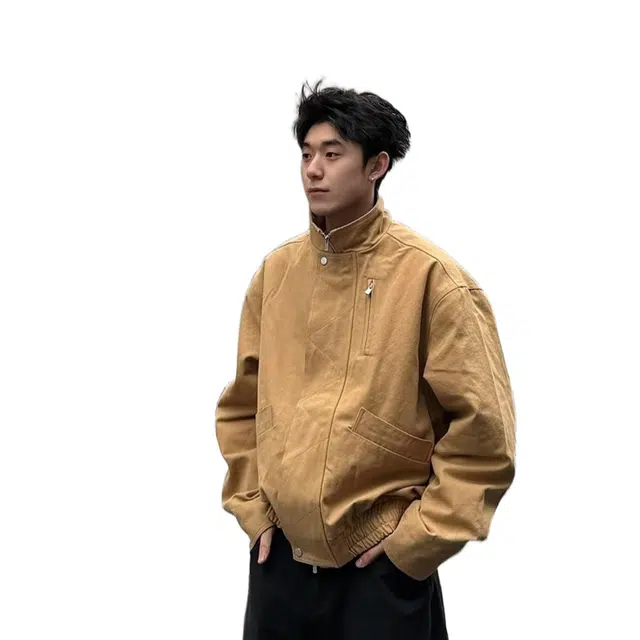 轻迎 复古巴恩风短款立领飞行员美式宽松工装外套潮流夹克 男款