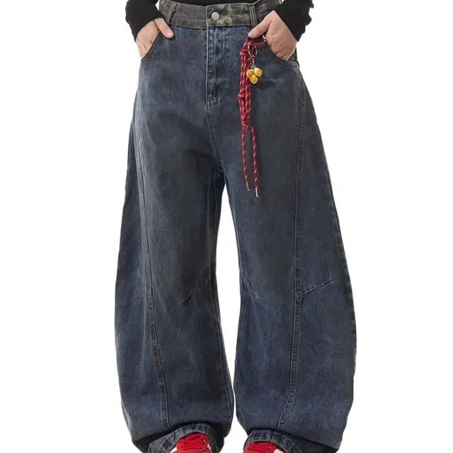 轻迎 秋冬复古设计感弯刀宽松休闲百搭垂感阔腿长裤牛仔裤 男款