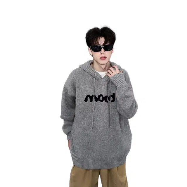 轻迎 国潮字母连帽毛衣潮流街头宽松休闲百搭灰色针织衫上衣卫衣 男款