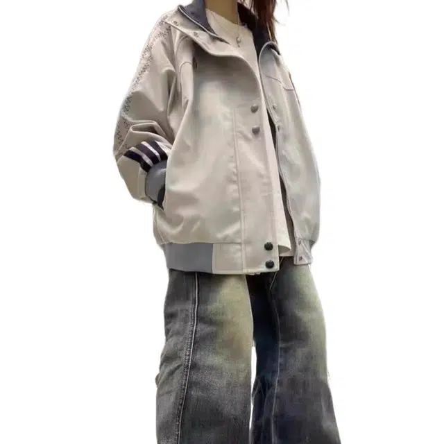轻迎  美式韩系复古条纹休闲宽松学生夹克外套潮棒球服 男女同款