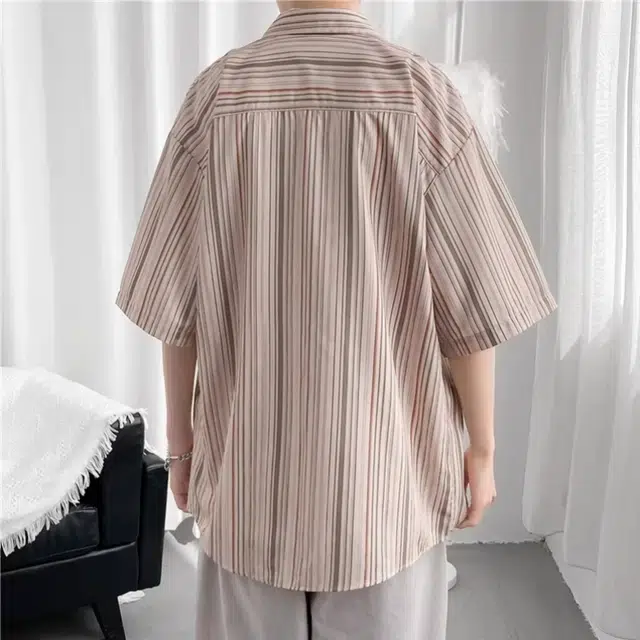 轻迎 日系复古条纹潮牌宽松休闲短袖衬衫 男款