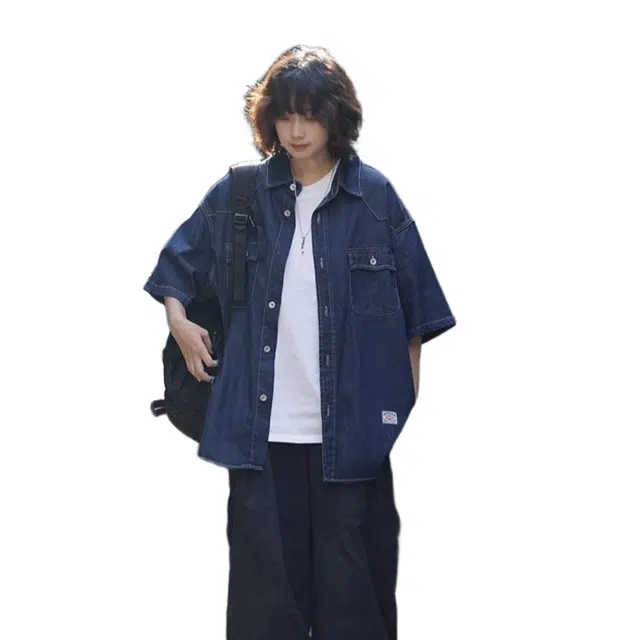 轻迎 夏季日系复古牛仔水洗宽松街头多口袋短袖衬衫 男女同款