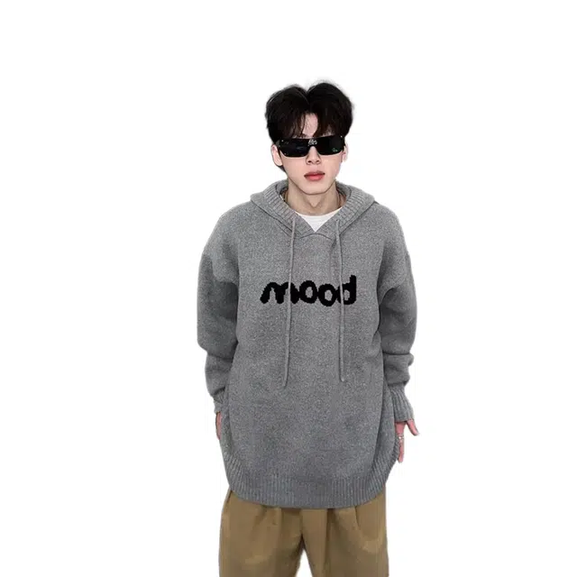 轻迎 国潮字母连帽毛衣潮流街头宽松休闲百搭灰色针织衫上衣卫衣 男款
