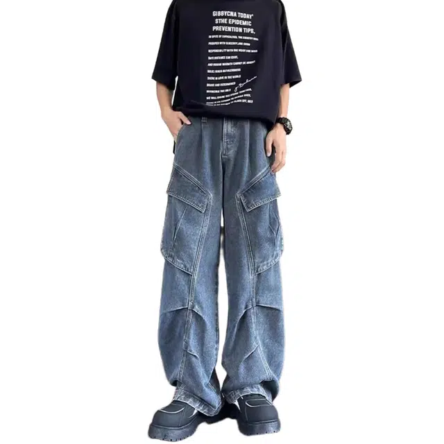 轻迎 美式高街复古多口袋中性工装直筒宽松阔腿牛仔裤 男款