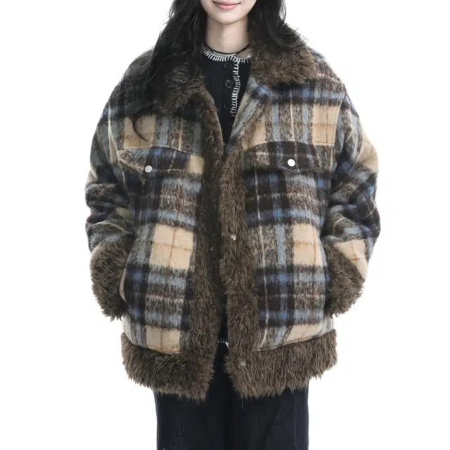 轻迎 美式复古格子毛领棉衣棉袄外套加厚羊羔绒棉服 男款