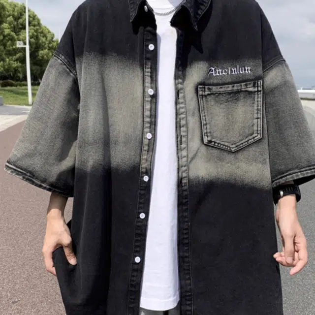 轻迎 夏季短袖衬衫男美式高街痞帅宽松潮牌复古水洗渐变色衬衣牛仔外套 男款