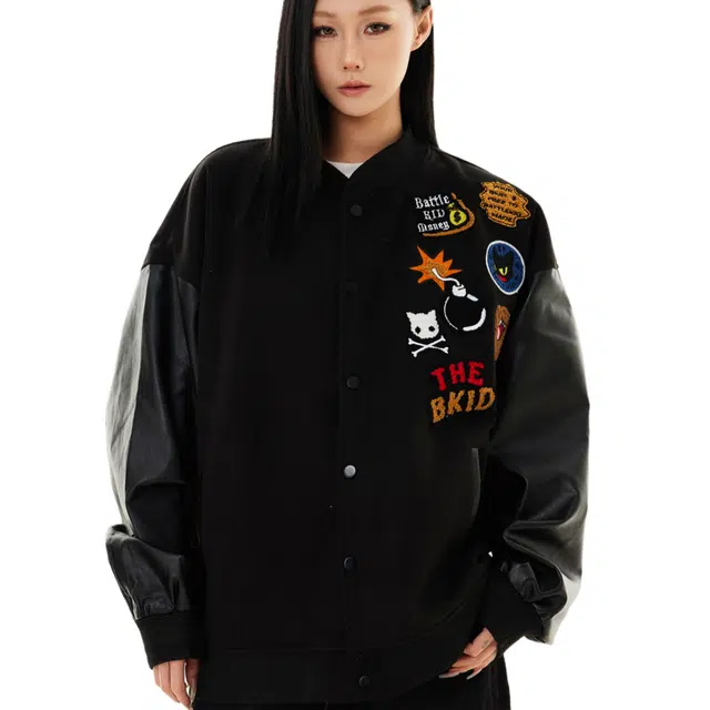 轻迎 美式棒球服皮袖刺绣涂鸦夹克 男款