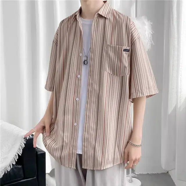 轻迎 日系复古条纹潮牌宽松休闲短袖衬衫 男款