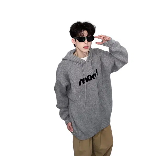 轻迎 国潮字母连帽毛衣潮流街头宽松休闲百搭灰色针织衫上衣卫衣 男款