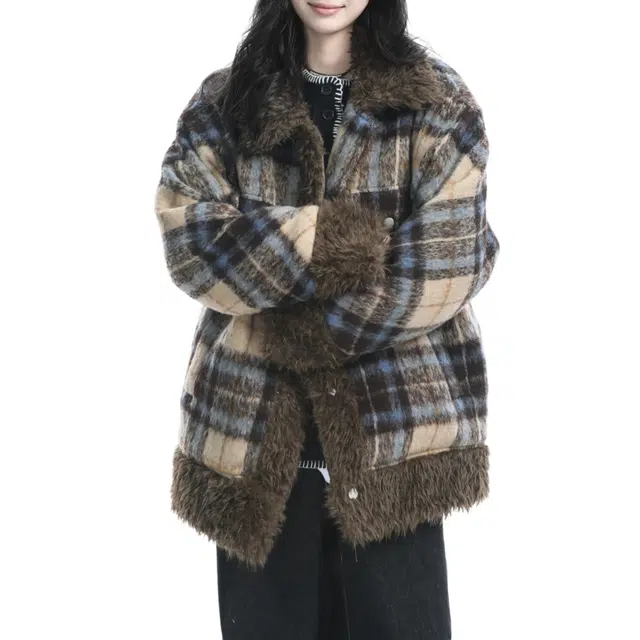 轻迎 美式复古格子毛领棉衣棉袄外套加厚羊羔绒棉服 男款