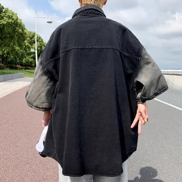 轻迎 夏季短袖衬衫男美式高街痞帅宽松潮牌复古水洗渐变色衬衣牛仔外套 男款