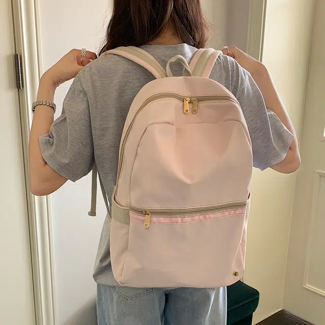 普乐威 日系小清新时尚简约百搭小众 尼龙 双肩包 女款 白色/粉色