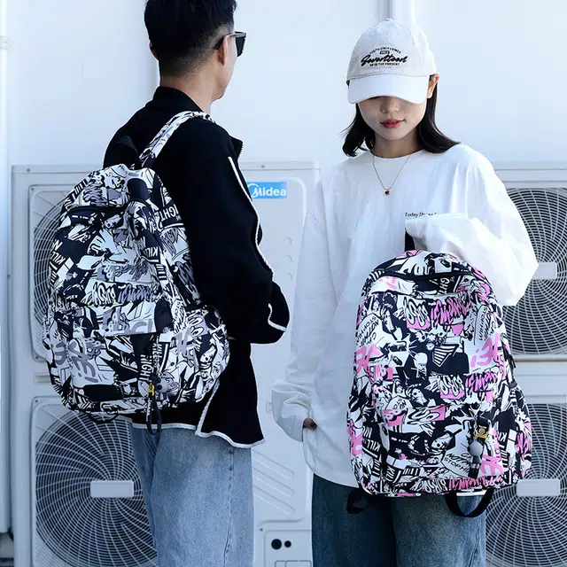 普乐威 时尚个性涂鸦初中大学生高颜值潮牌休闲百搭背包大容量高中 尼龙 双肩包 常规 男女同款情侣款 灰色/绿色/粉色/蓝色