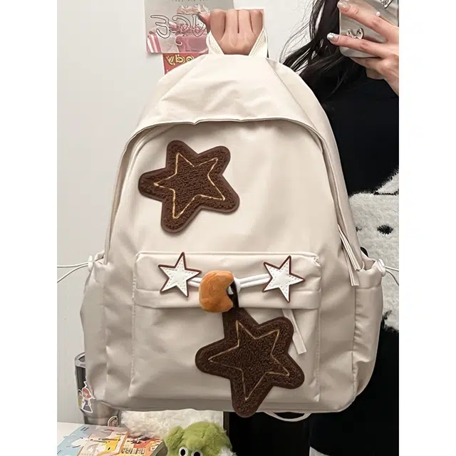 普乐威 时尚简约百搭星星 尼龙 书包背包双肩包 女款 白色/黑色