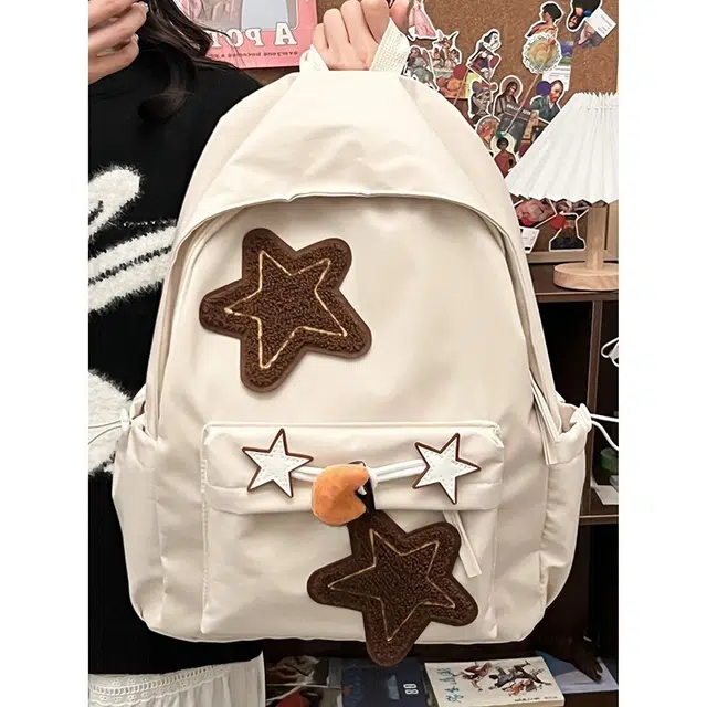 普乐威 时尚简约百搭星星 尼龙 书包背包双肩包 女款 白色/黑色