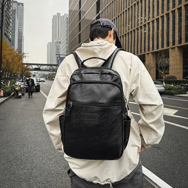 普乐威 韩版高颜值百搭潮牌时尚休闲旅行背初中高中生书包大容量 尼龙 双肩包 男款 黑色/棕色
