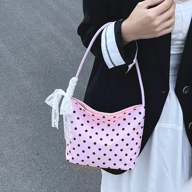 科物酷 小众蝴蝶结波点小巧外出森系逛街旅行休闲百搭洋气甜美少女腋下包 尼龙 单肩包 男女同款情侣款 白色/粉色