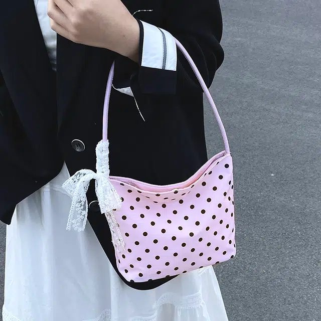 科物酷 小众蝴蝶结波点小巧外出森系逛街旅行休闲百搭洋气甜美少女腋下包 尼龙 单肩包 男女同款情侣款 白色/粉色