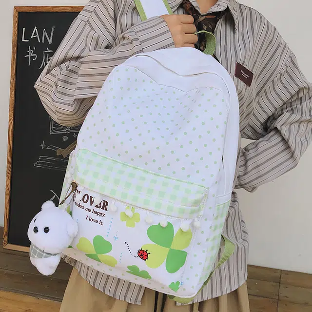 科物酷 日系自制甜美可爱四叶草波点小绒豆波点清新大容量初中高中大学学生 尼龙 双肩包 女款 绿色