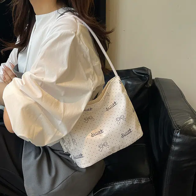 科物酷 小众蝴蝶结波点小巧外出森系逛街旅行休闲百搭洋气甜美少女腋下包 尼龙 单肩包 男女同款情侣款 白色/粉色