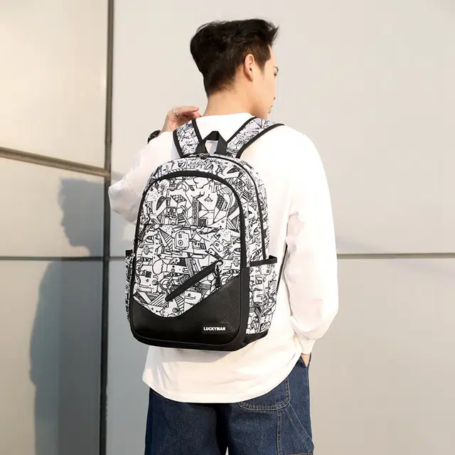 科物酷 通勤旅行大容量时尚百搭 尼龙 双肩包 男女同款情侣款 黑色/白色