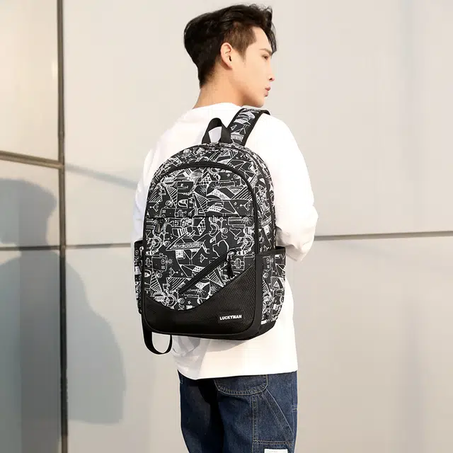 科物酷 通勤旅行大容量时尚百搭 尼龙 双肩包 男女同款情侣款 黑色/白色