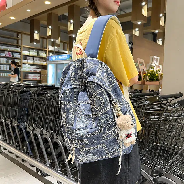 科物酷 复古百搭上课撞色拼块大容量 牛仔 双肩包 男女同款情侣款 多色