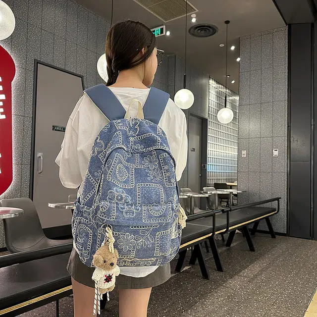科物酷 复古百搭上课撞色拼块大容量 牛仔 双肩包 男女同款情侣款 多色