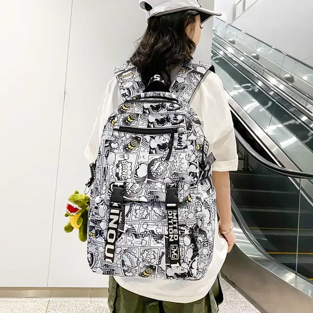 科物酷 涂鸦漫画初中生大学生潮牌时尚潮流高中生 尼龙 双肩包 男女同款情侣款 黑色/白色/灰色